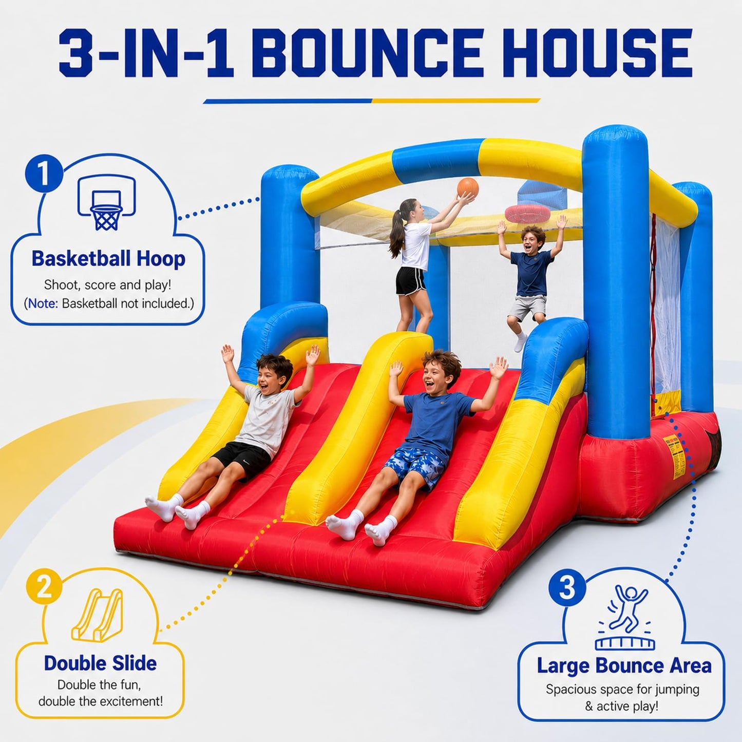 OZIS 12FT Inflatable Bounce House with Double Slides & Basketball Hoop, Blow Up Jumping Bouncy Castle with Blower, Bounce House for Kids Suitable