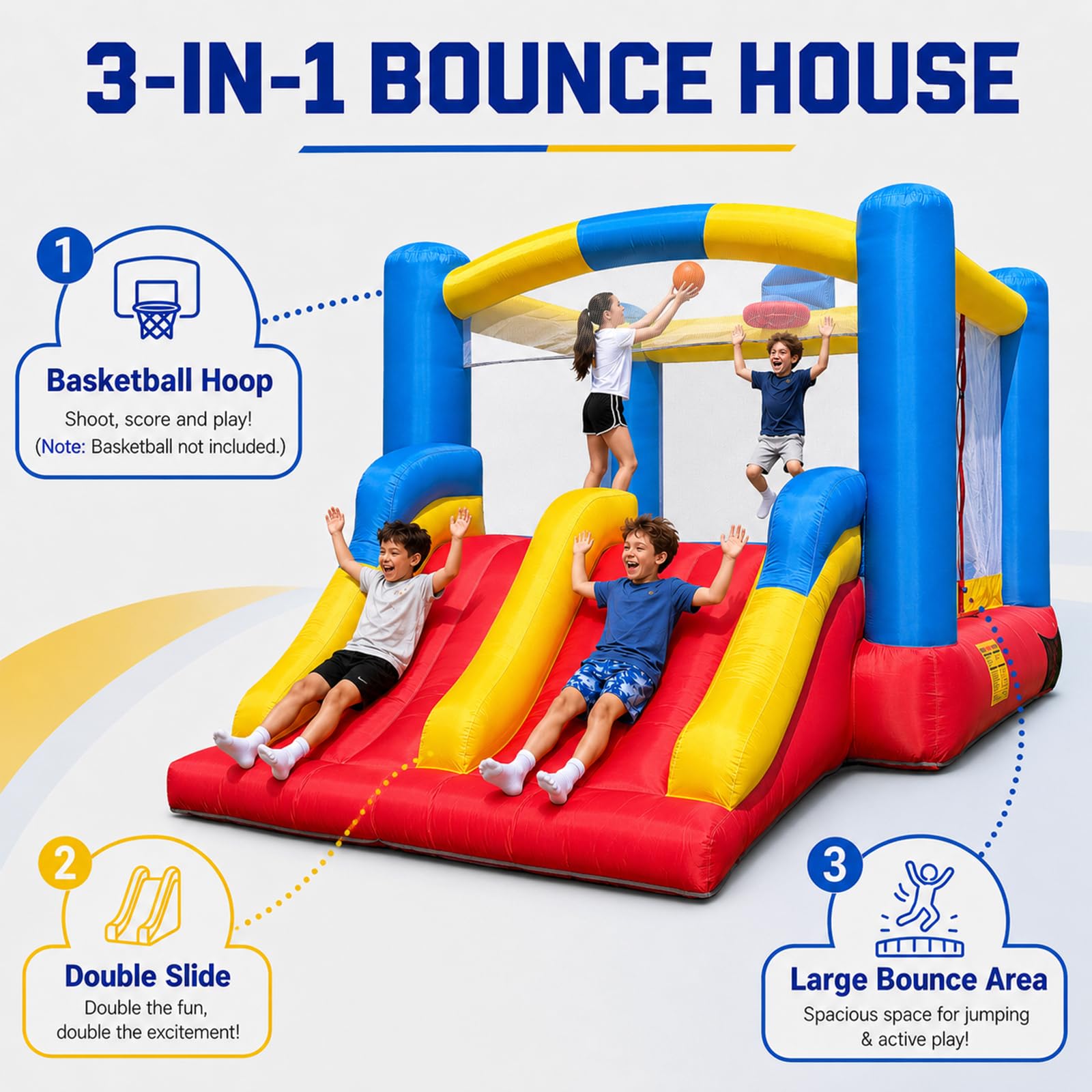 OZIS 12FT Inflatable Bounce House with Double Slides & Basketball Hoop, Blow Up Jumping Bouncy Castle with Blower, Bounce House for Kids Suitable