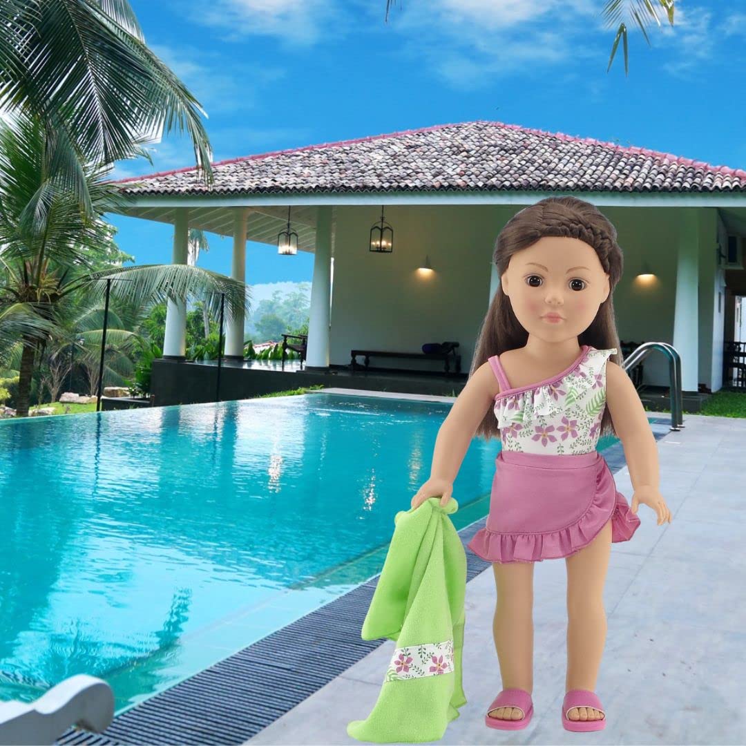 Emily Rose 18 Inch Doll Clothes 4-PC Floral Print One Piece Swimsuit Swim Set, Includes Matching Towel, Ruffled Skirt, and Fun Beach Sandals! | Gift