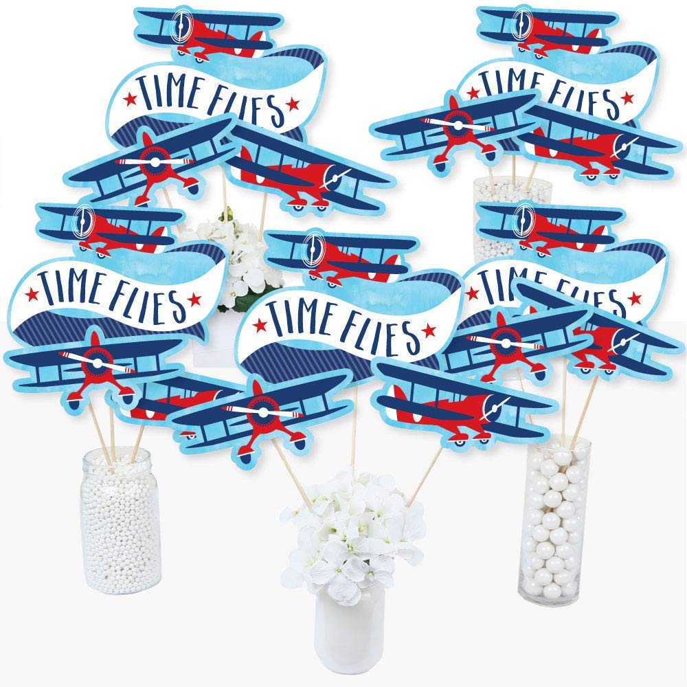 Big Dot of Happiness Taking Flight - Airplane - Vintage Plane Baby Shower, Birthday Party Centerpiece Sticks - Table Toppers - Set of 15