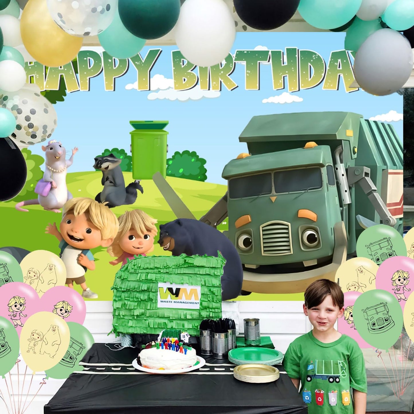 Ezcpigei Trash Truck Birthday Banner - 5x3ft, Green, 18pcs Balloons, Indoor, Wall Mount, Rectangular, Standard Banner, Waste Management