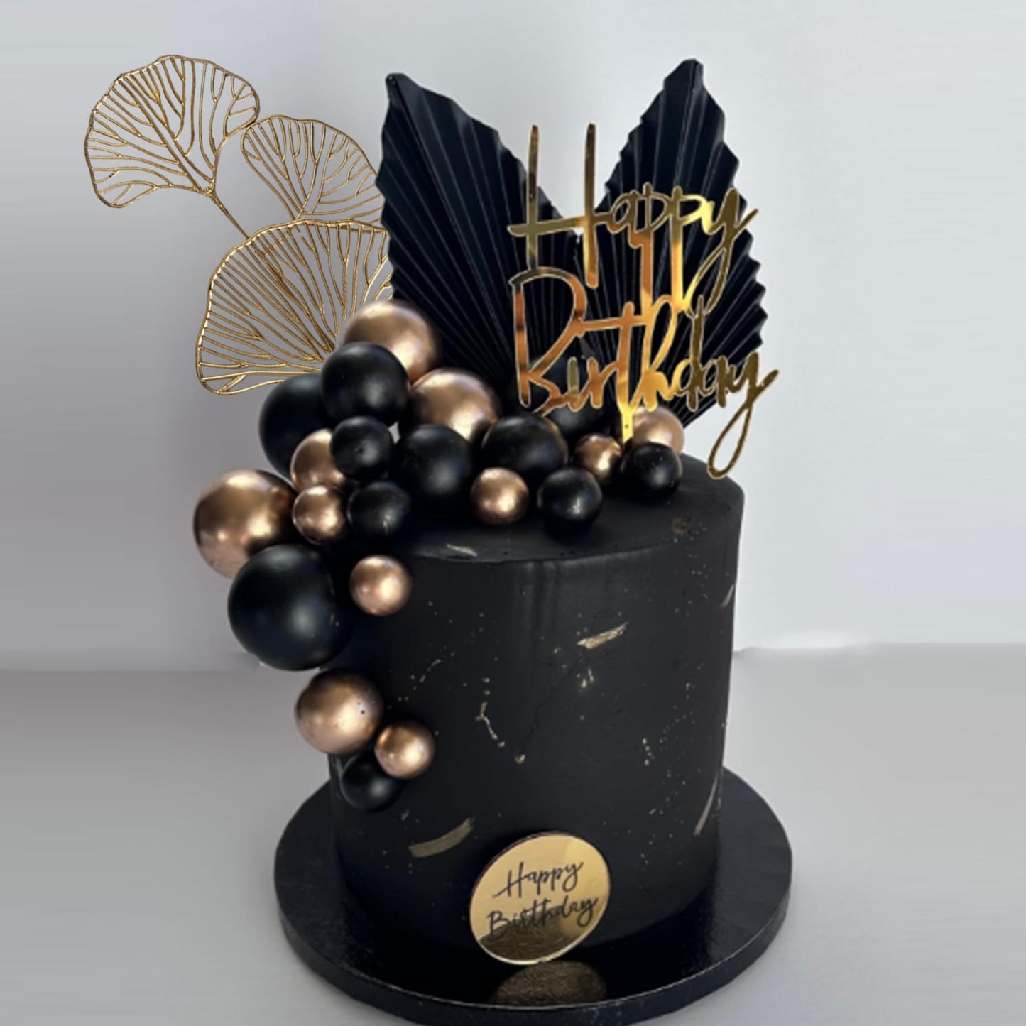 Happy Birthday Cake Topper Black Gold Ball Cake Decorations