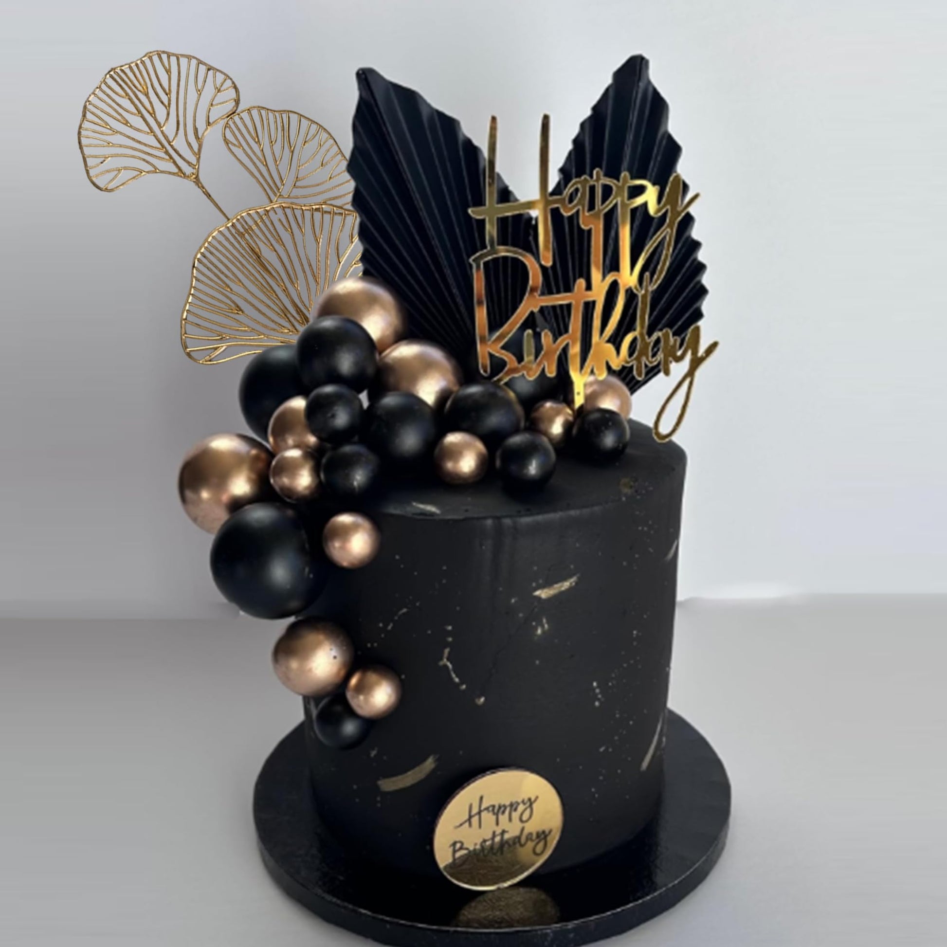 Happy Birthday Cake Topper Black Gold Ball Cake Decorations