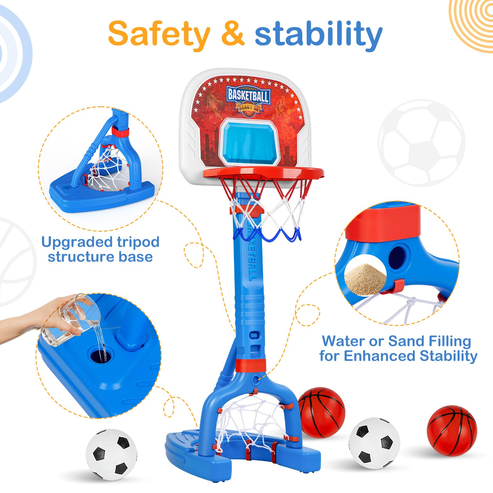Toddler Basketball Hoop & Soccer Goal, Adjustable, 4 Balls, Indoor & Pool