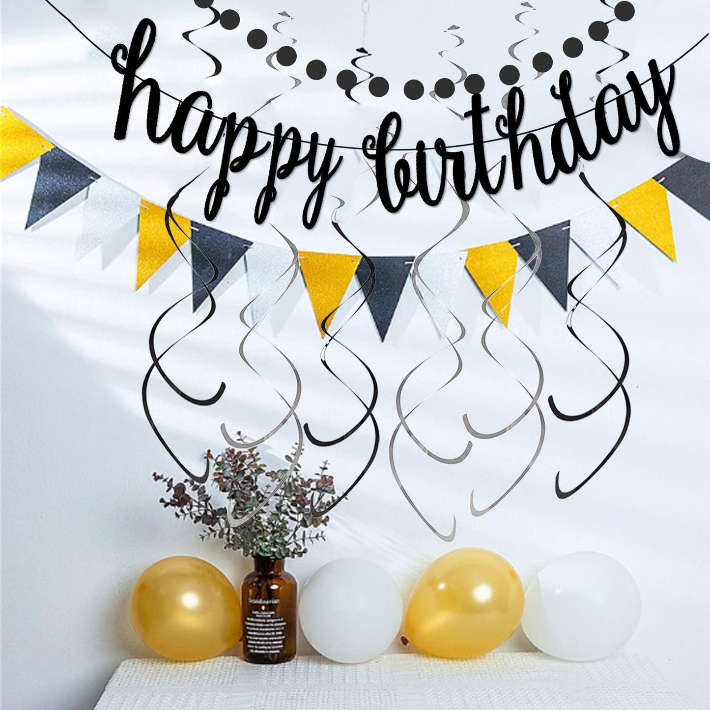 Black Happy Birthday Banner Decoration Kit, Glittery Banner Circle Dots Garland with Black Silver Hanging Swirls for Birthday Baby Shower Party