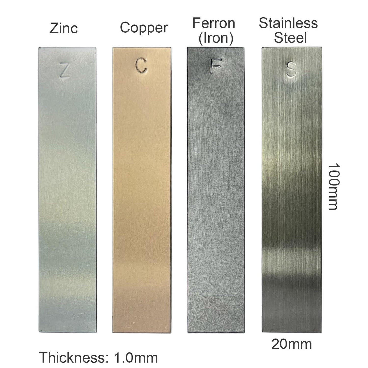 Diycoming Metal Electrodes Strips 4 Piece Set, Copper,Zinc,Iron & Stainless Steel Marked with The Symbol for Student's Electrochemical Experiments