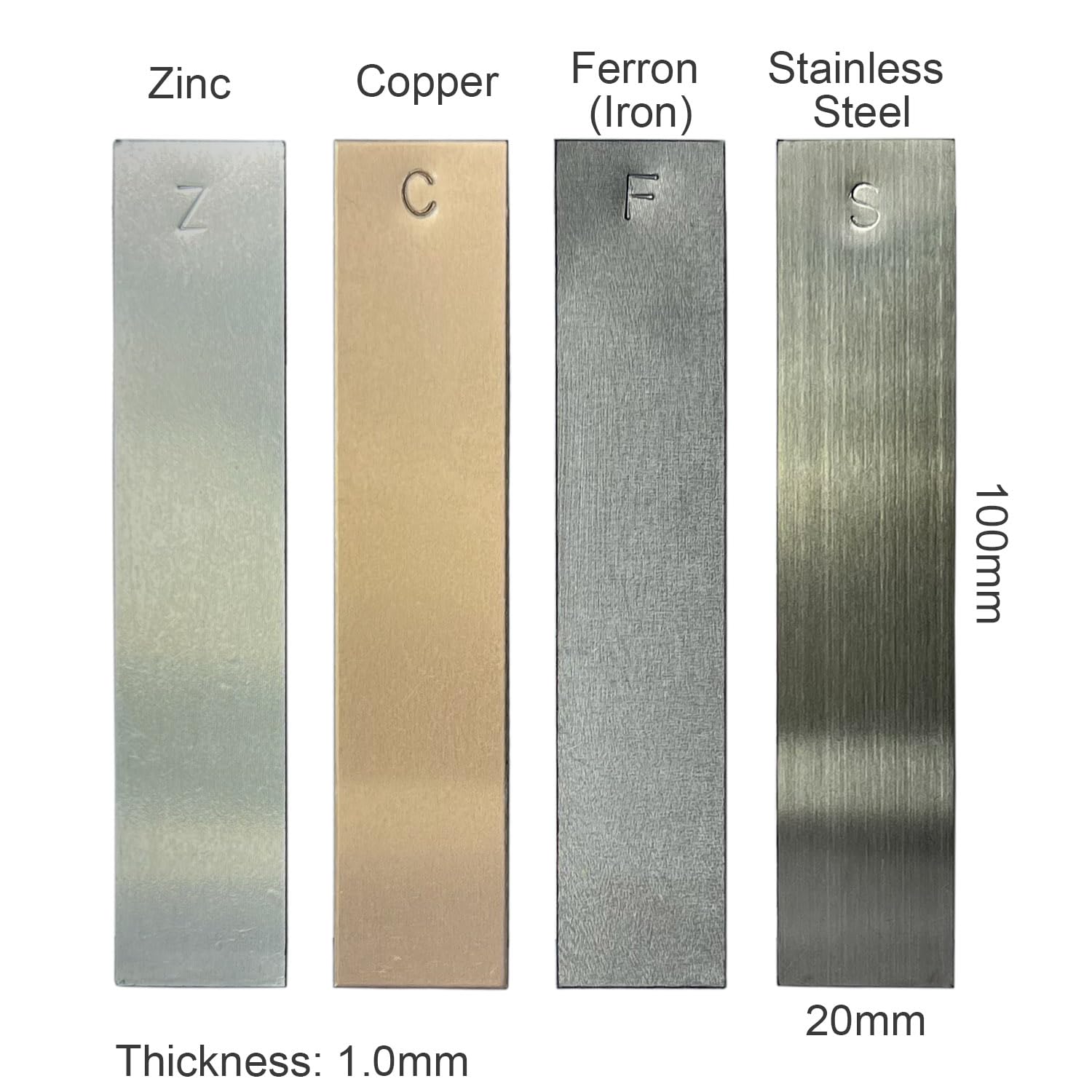Diycoming Metal Electrodes Strips 4 Piece Set, Copper,Zinc,Iron & Stainless Steel Marked with The Symbol for Student's Electrochemical Experiments