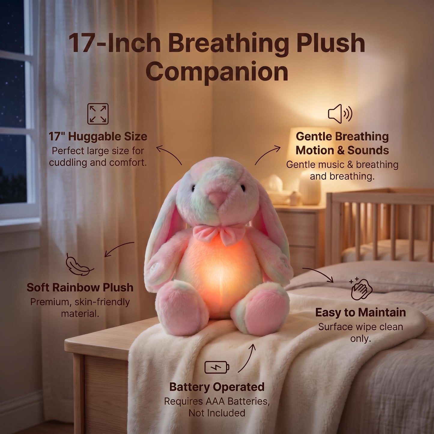 SHSEEN Breathing Bunny Stuffed Animal, 17 Inch, Adjustable Volume