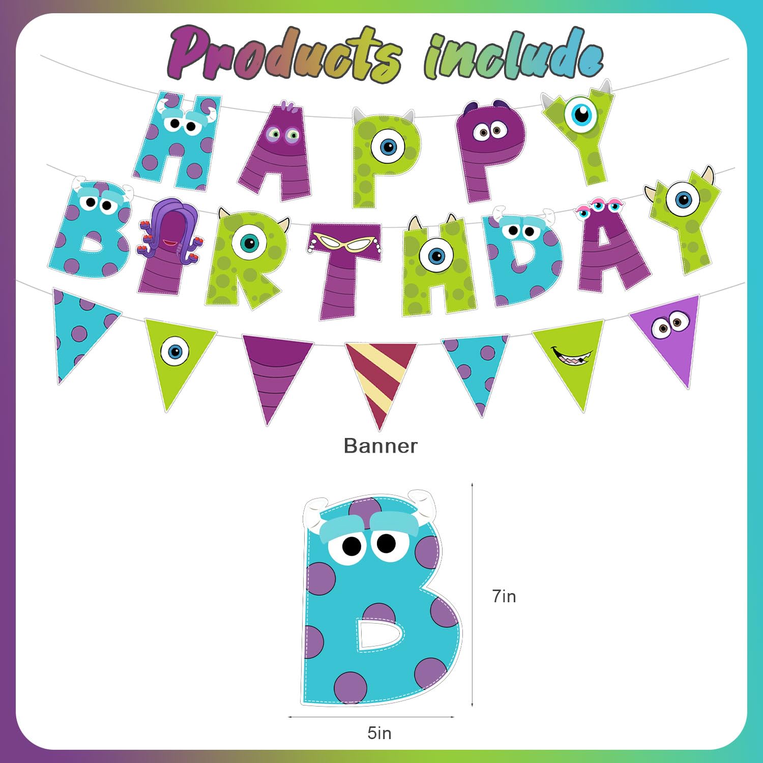 3 Pcs Monster Birthday Banner and Garland - Cute Monster Theme Party Decorations for Kids Birthday, Baby Shower, Boys Girls Celebration Supplies
