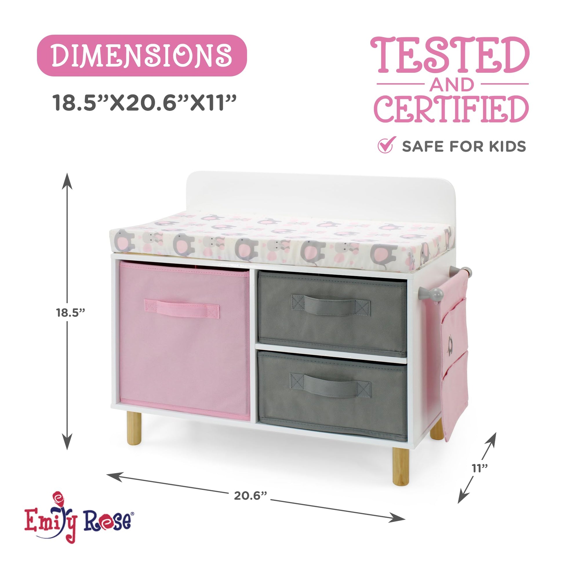 Emily Rose 14-19 Inch Baby Doll Nursery Furniture Changing Table - Elephant Theme with Large Storage Bins, Accessories Pouch & Thick Pad - Doll NOT