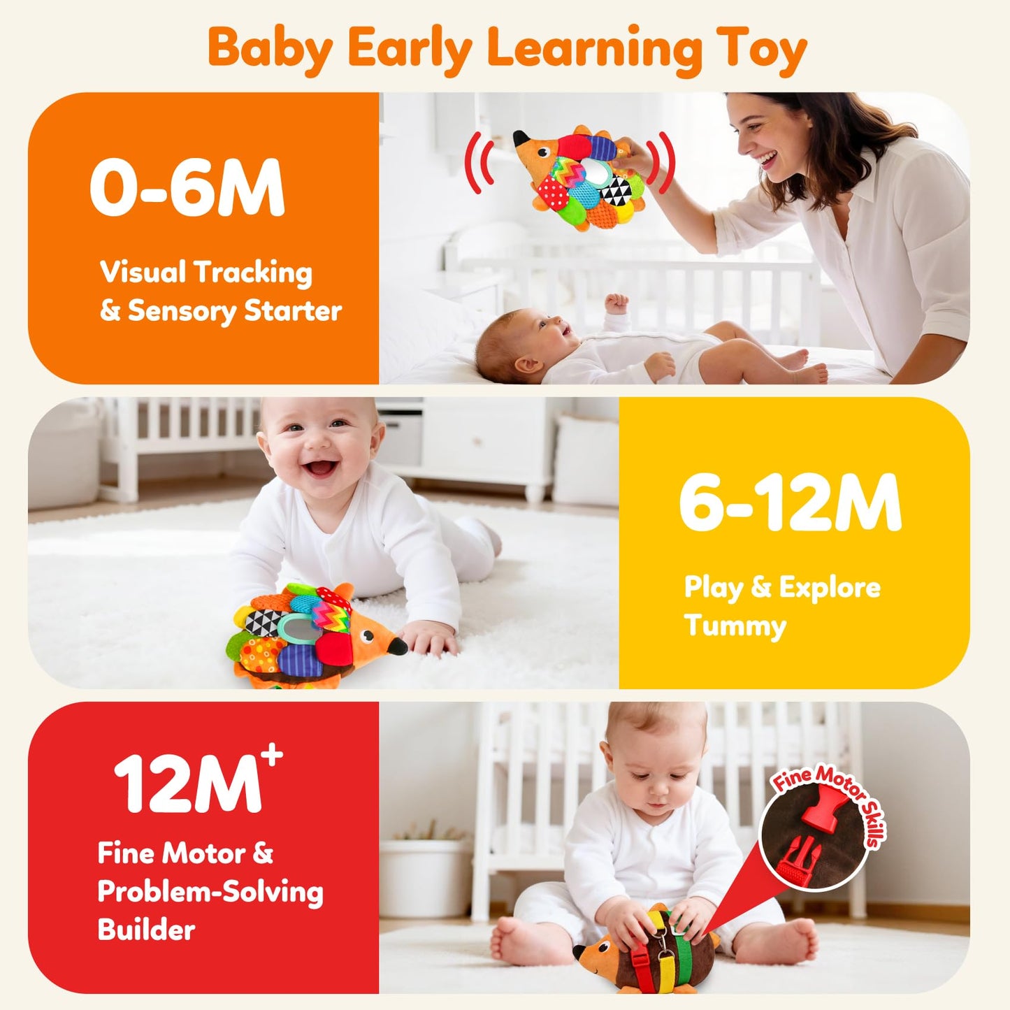 Vibrant Sensory Hedgehog Plush Stuffed Animal Baby Toy Tummy Time Learning Toy Soft Squeaking & Crinkling Toys for Busy Hands Babies 0-36 Months, Baby
