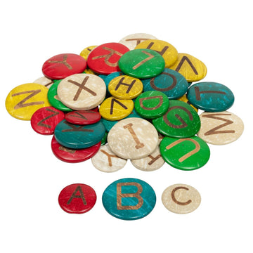READY 2 LEARN Coconut Letters - Uppercase - Set of 52 - Natural, Hand Made Counters for Kids - Use for Crafts and Spelling Activities