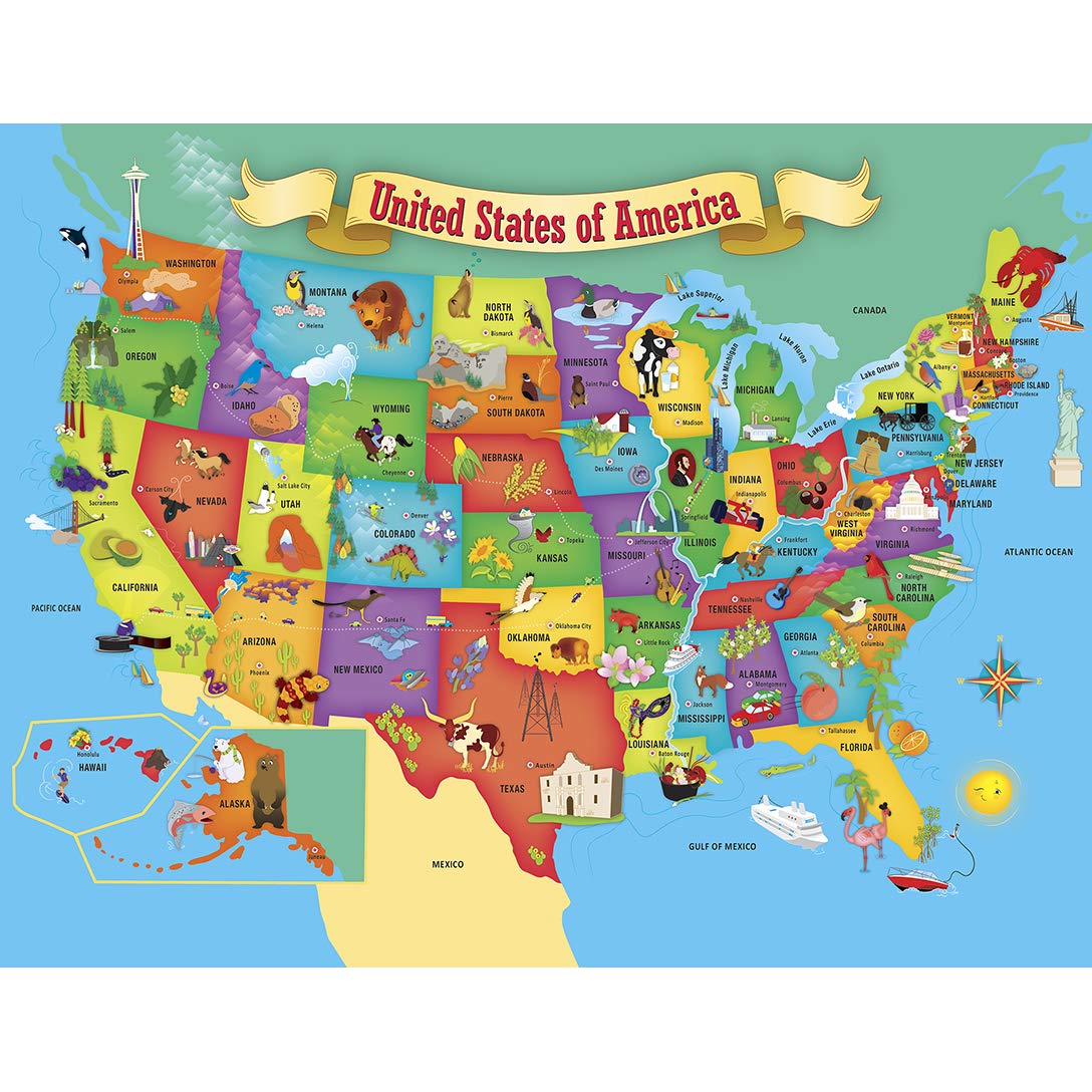 MasterPieces 60 Piece Educational Jigsaw Puzzle for Kids - USA Map State Shaped - 16.5"x12.75"