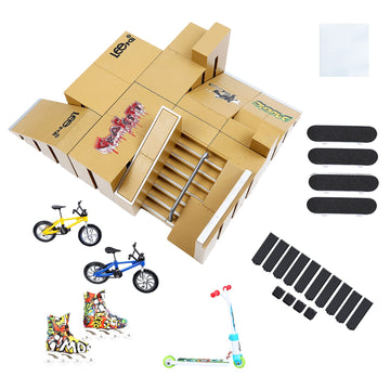 Fingerboard Skate Park Toys, 8 Skatepark Deck Ramp for Finger Skateboard Park Kit Part Training Props with 4 Finger Decks 2 Finger Bike 1 Pair Skates