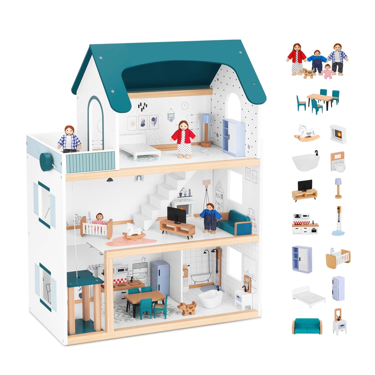 OOOK Wooden Dollhouse with Liftable Elevator - 2.6 Feet High Modern Doll House for Kids Toddlers - Including 21 Furniture Pieces, 4 Family Dolls,