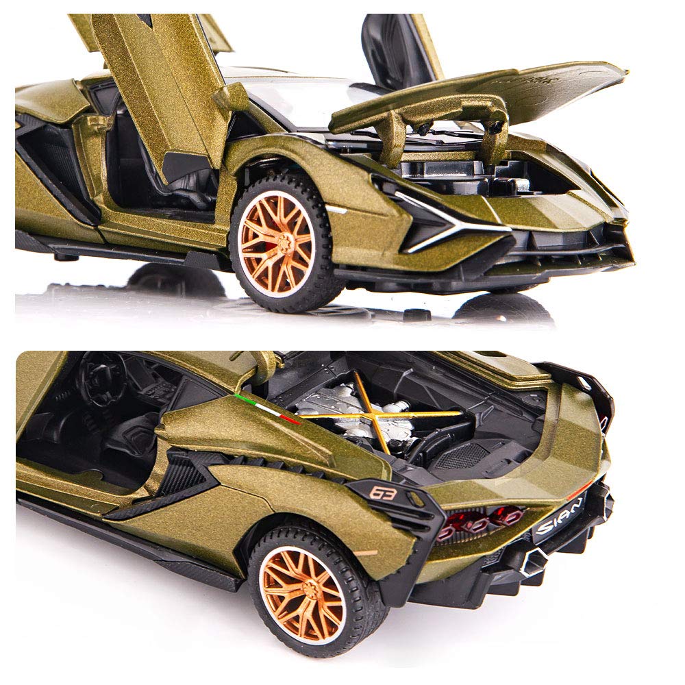BDTCTK Lambo Sian FKP37 Car Model Toy 1:32 Child Sound and Light Pull Back Car Zinc Alloy Casting Toys for Kids Boy Girl Gift (Army Green)
