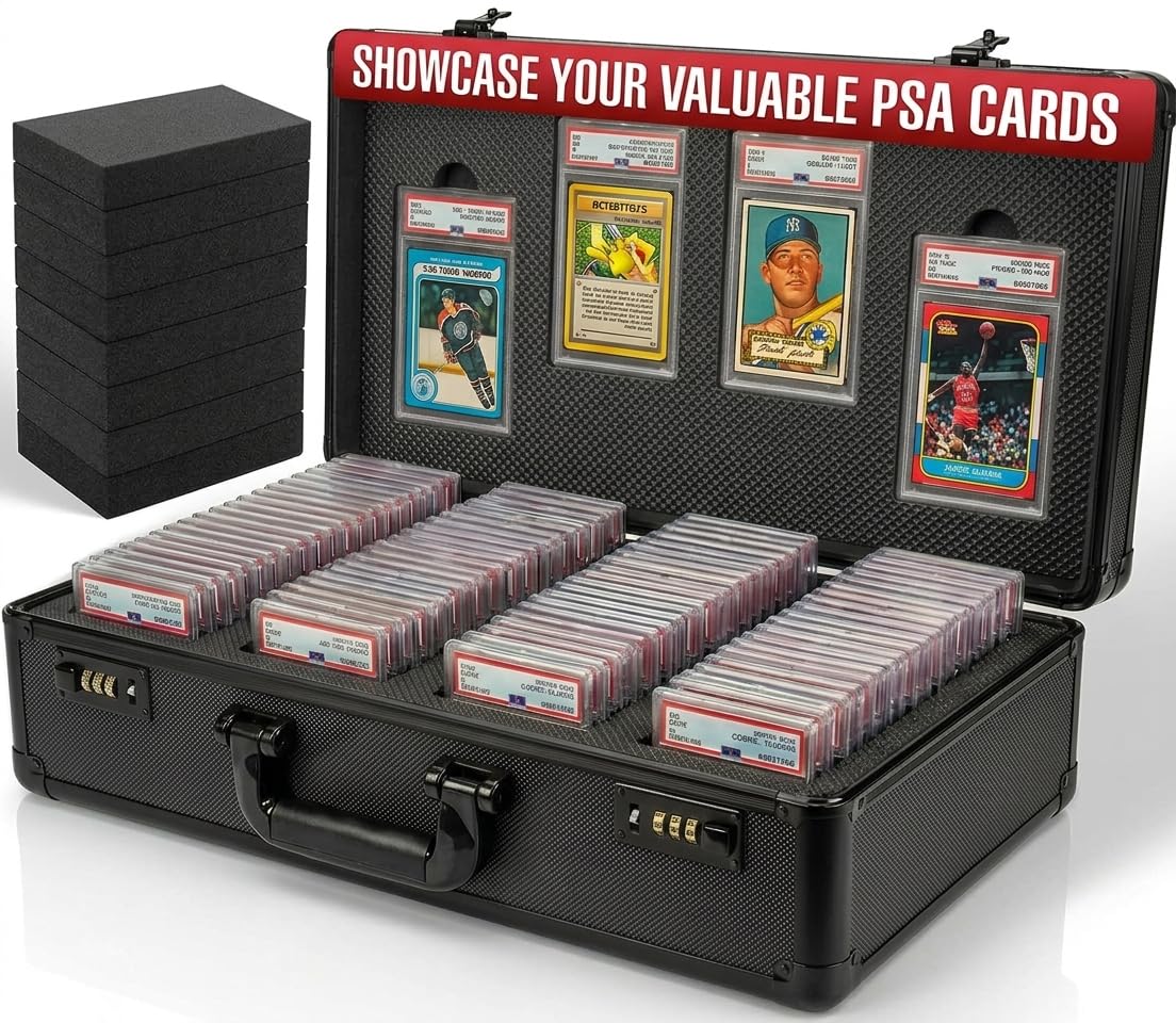 Graded Card Storage Box - Card Slab Case with Lock - 4 Row Trading Card Case with 8 Foam Inserts - Sports Card Case Fits PSA, BGS, SGC, CGC Slabs