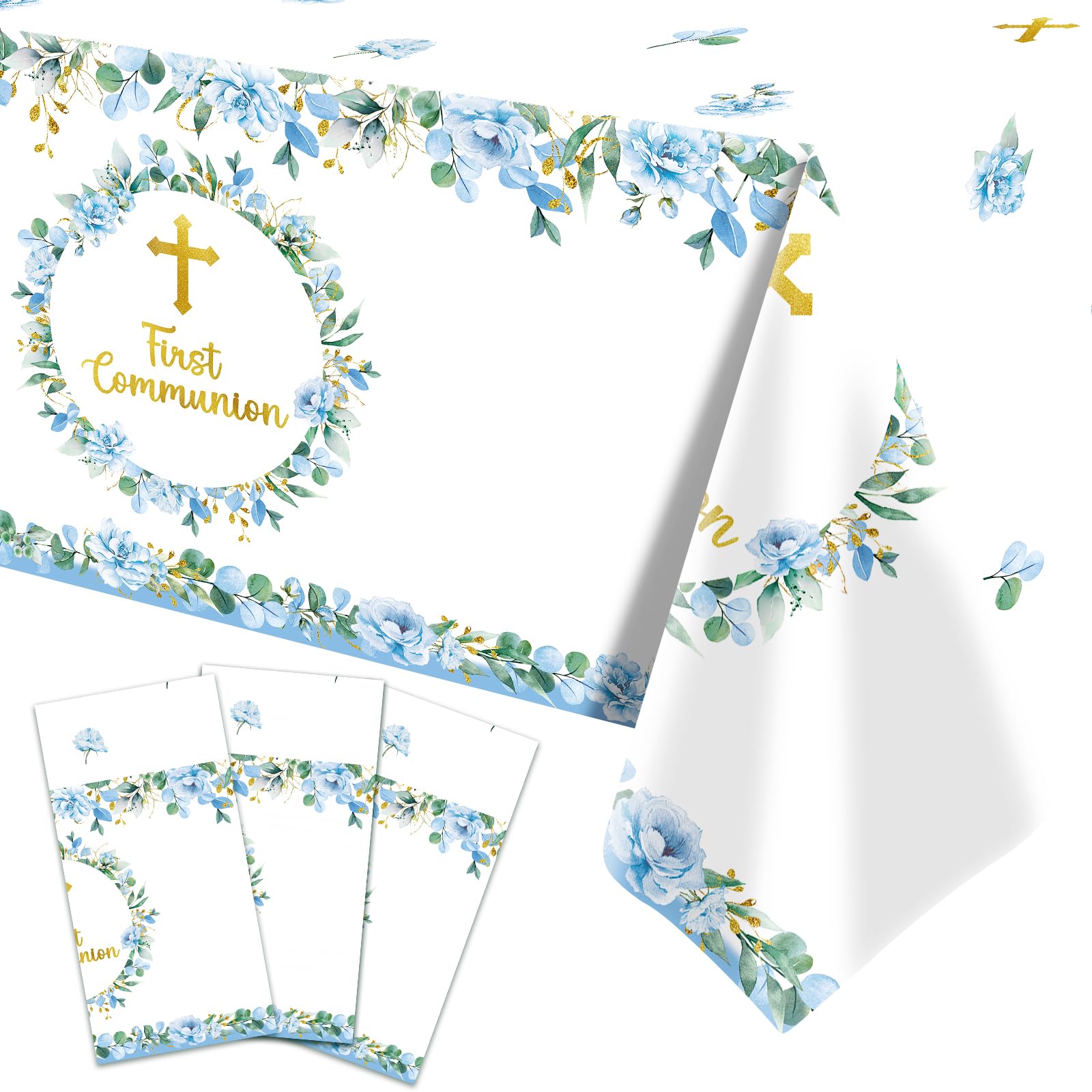 Pedenty 3-Piece 54 x 108 Inch First Communion Plastic Tablecloth - Floral Cross Disposable Rectangle Table Covers for First Communion Party, Church
