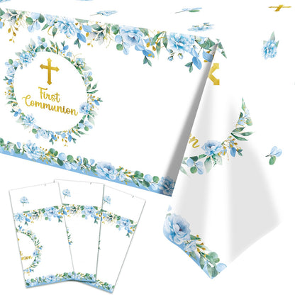 Pedenty 3-Piece 54 x 108 Inch First Communion Plastic Tablecloth - Floral Cross Disposable Rectangle Table Covers for First Communion Party, Church