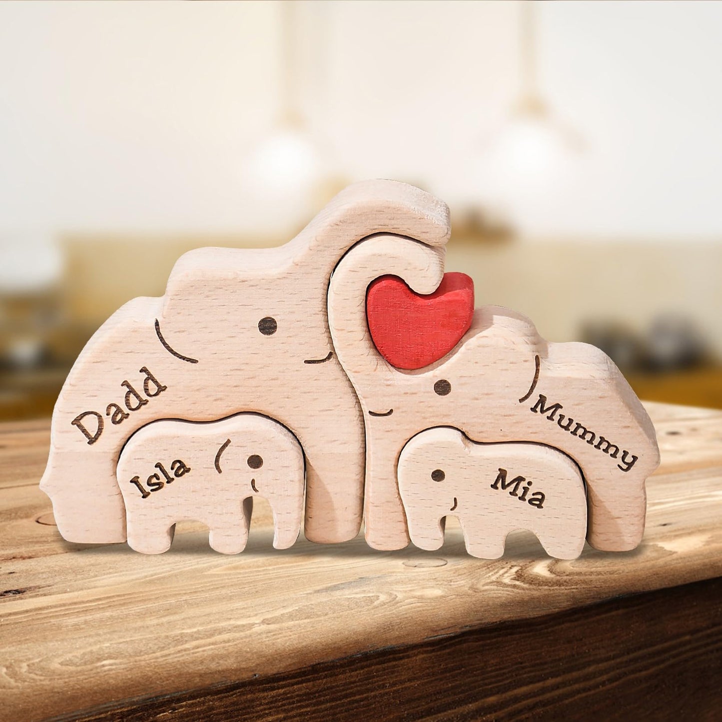 Personalized Bear Family Wooden Art Puzzle, Wooden Bear Jigsaw Puzzle with Heart, Customized Gift for Mom Dad Home Decoration (Popular Elephant Gift)