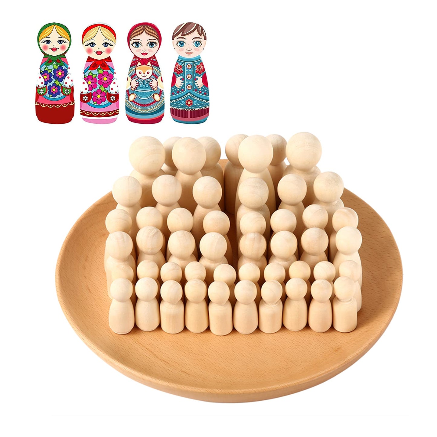 Abnaok 50 Pack Unfinished Wooden Peg Dolls, Peg People, Doll Bodies, Wooden Figures, Decorative Peg Doll People for Kids DIY Art Craft, Painting, Peg