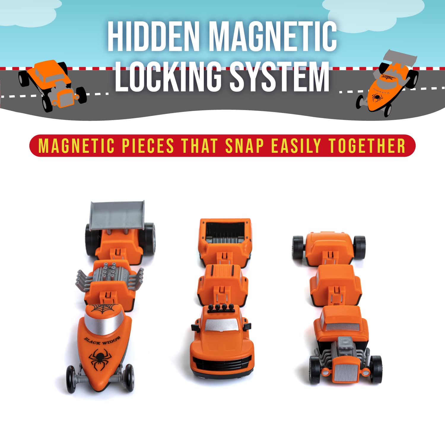 POPULAR PLAYTHINGS Magnetic Vehicles for Toddlers 1-3, Mix or Match Car Toys, Set of 3 Gift for Kids - Race Cars