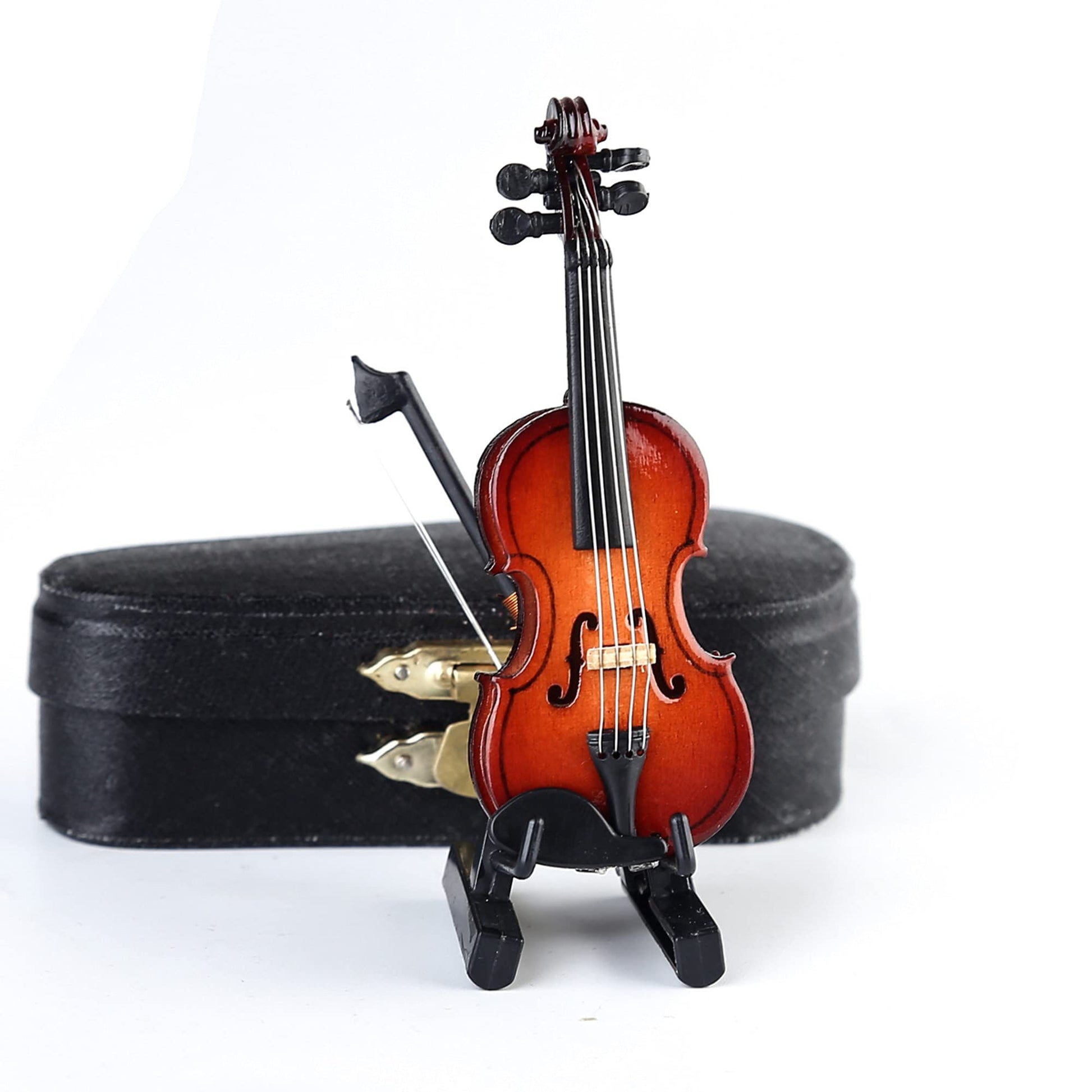 Wooden Miniature Violin Replica with Stand, Bow and Case Sculpture Ornament