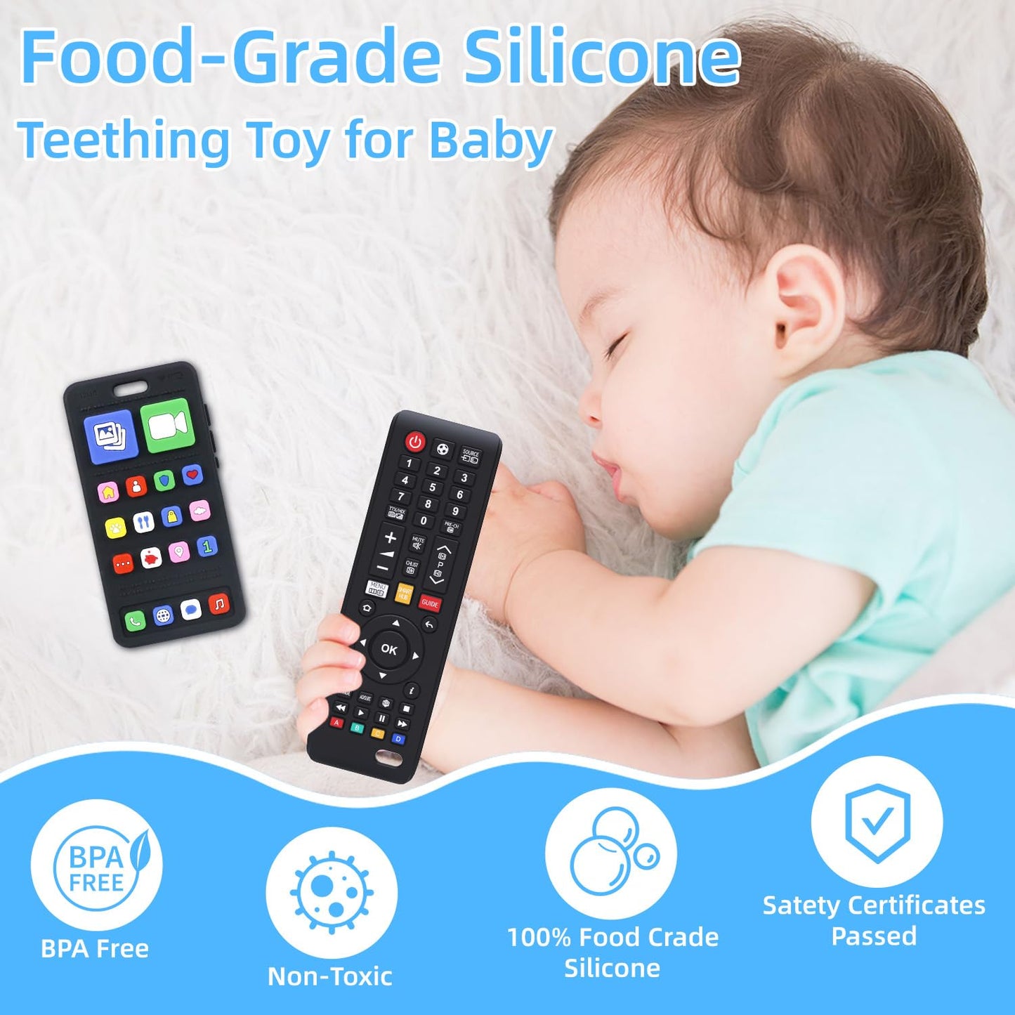 SLUQQHDU Baby Silicone Teething Toys for Babies 0-6 Months,Phone and Remote Teether Toys for Toddlers 6-12 Months,2 Pack Teether Toys Sensory Toys