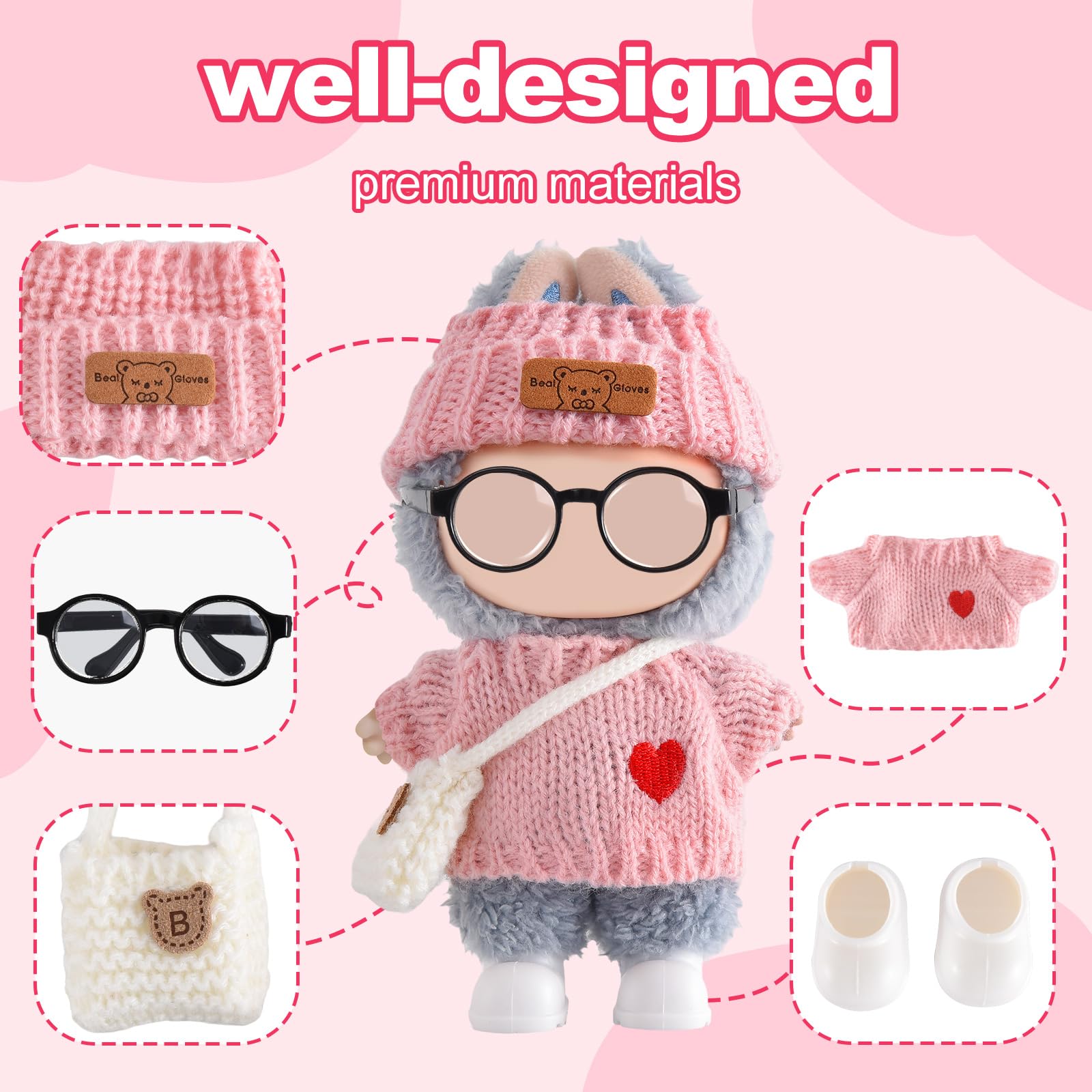 Ciunura Doll Clothing for Labubu, Premium Outfits for Labubu Dressing up, Handcrafted Crochet Doll Accessories for Labubu with Sweater, Hat, Glasses