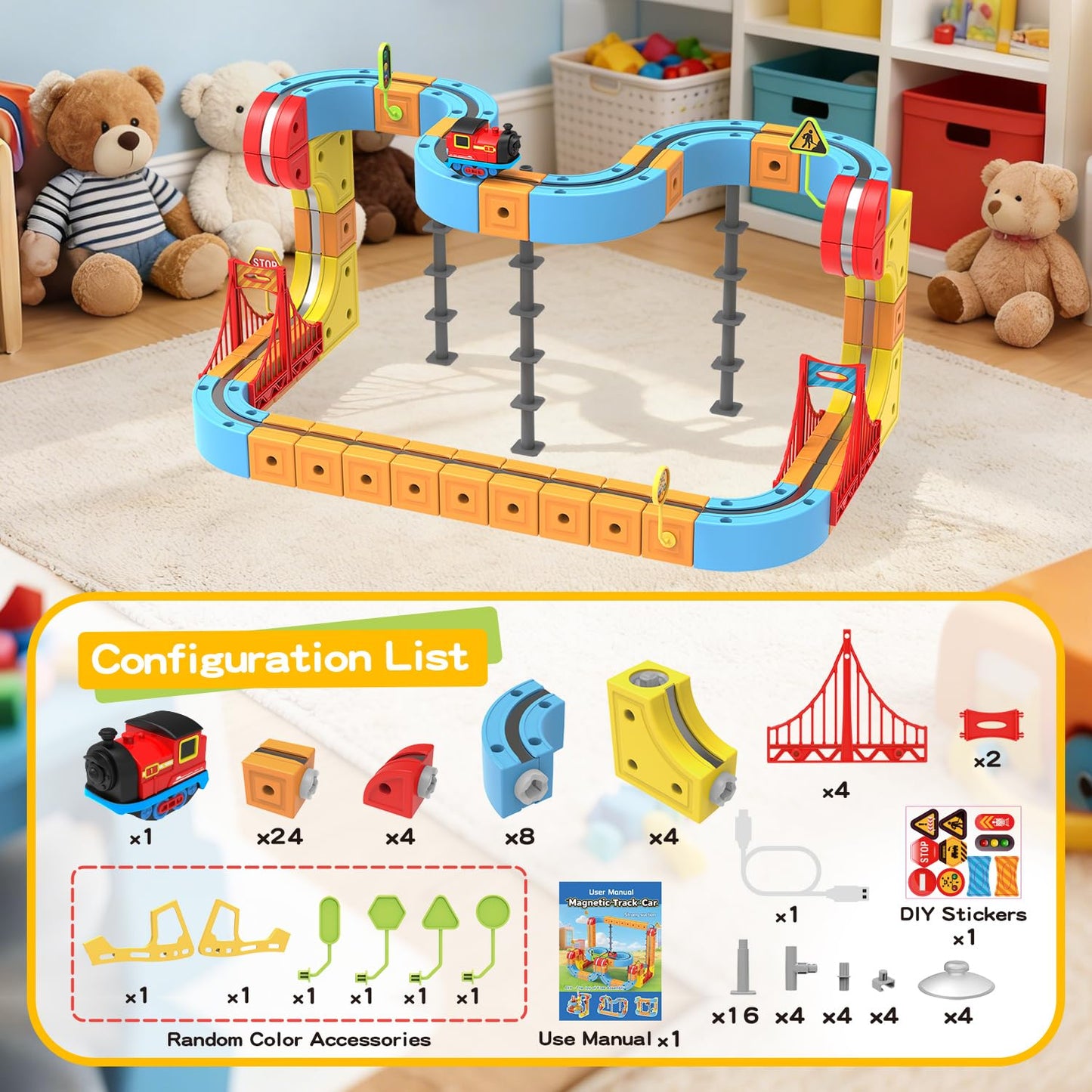 Electric Train Set for Kids, 88PCS Flexible 3D Cube Track STEM Magnetic Toy