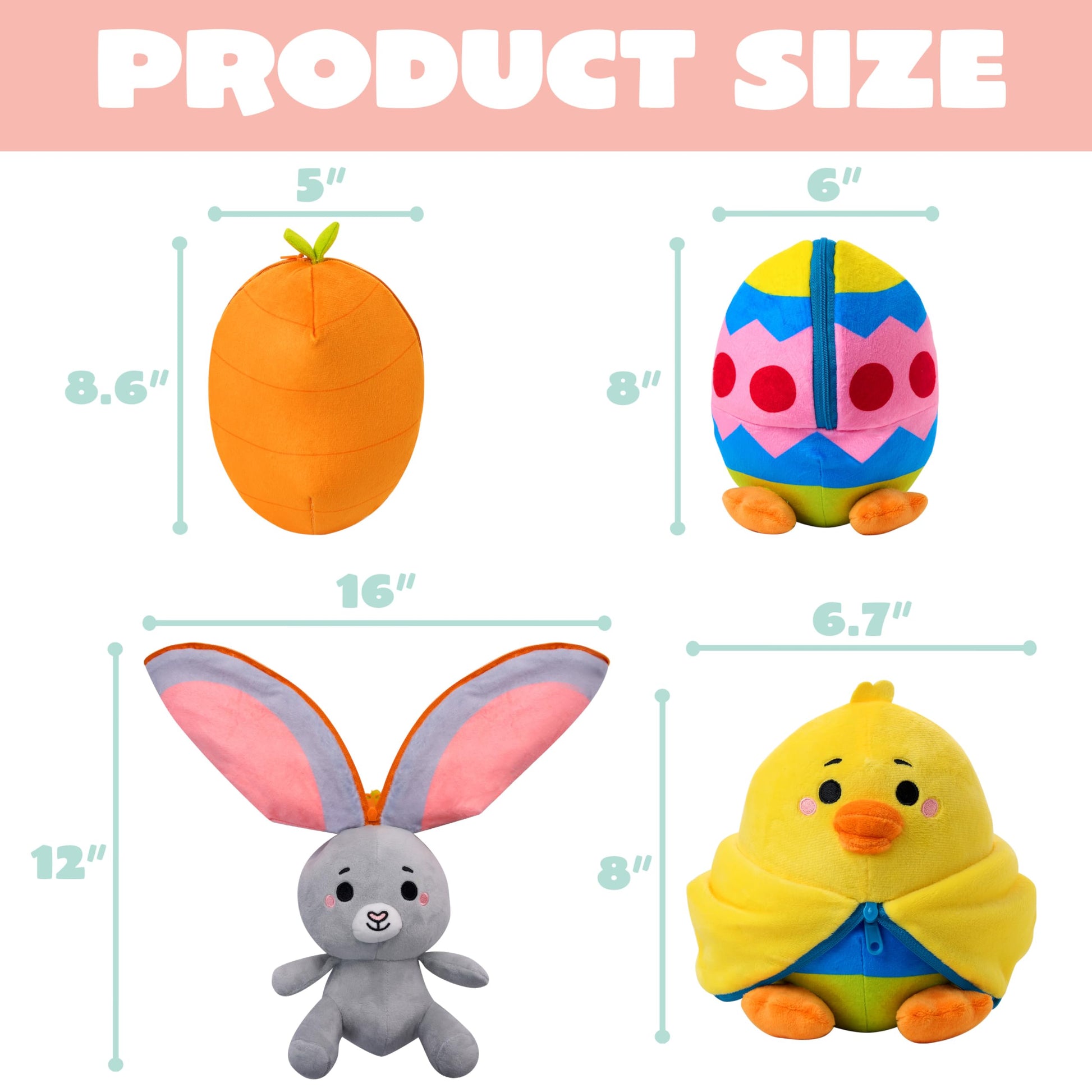 JOYIN 2 PCS Easter Stuffed Animal Plush Hiding Bunny Chick, Floppy Rabbit Ear Chick Wing Plushie with Zipper, Hide Carrot Egg Pillow, Reversible