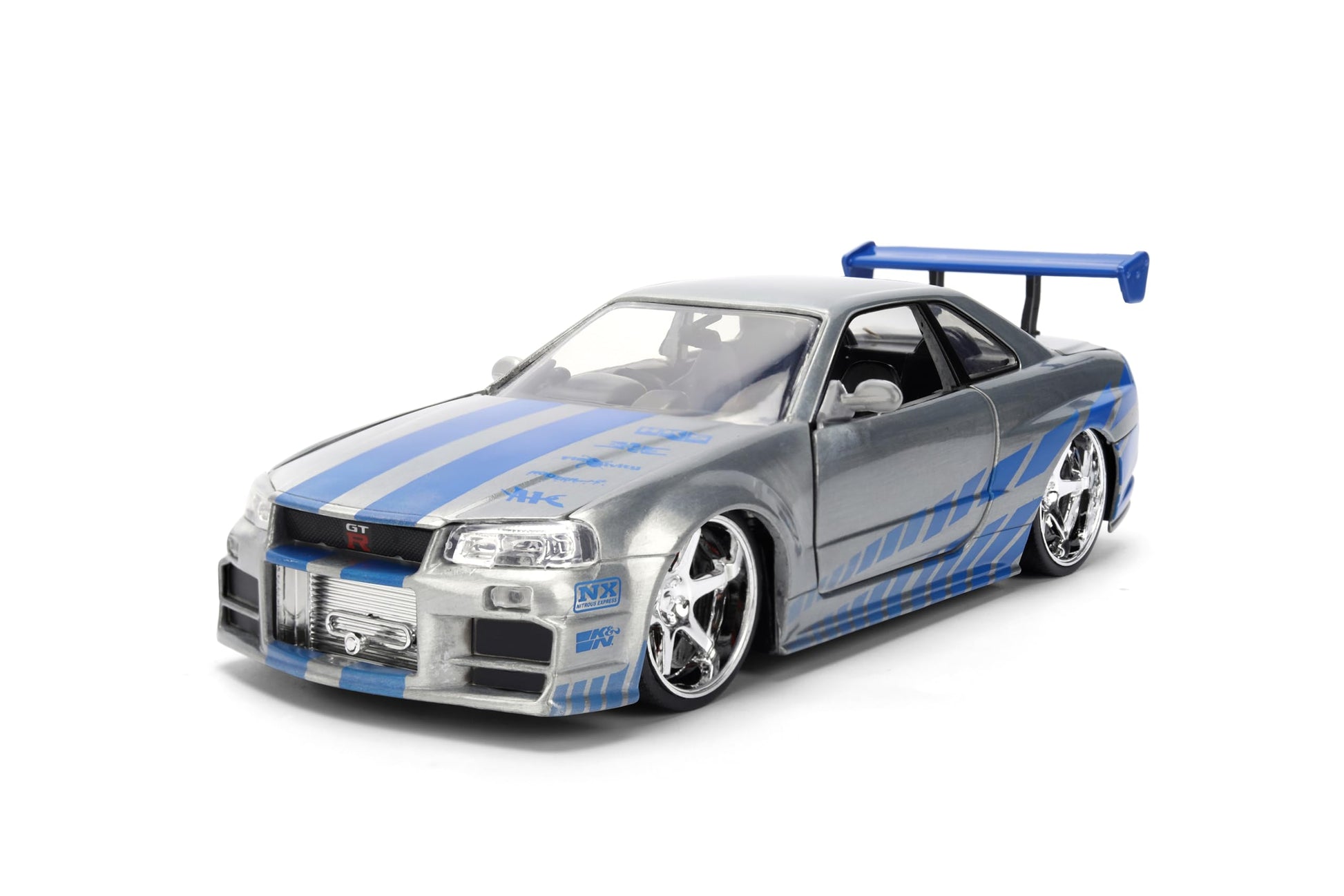 Jada Toys Fast & Furious 1:24 Scale Anniversary Edition 2002 Nissan Skyline GT-R (BNR34) Die-Cast Car with Brush Metal Finish - Collector Hobby