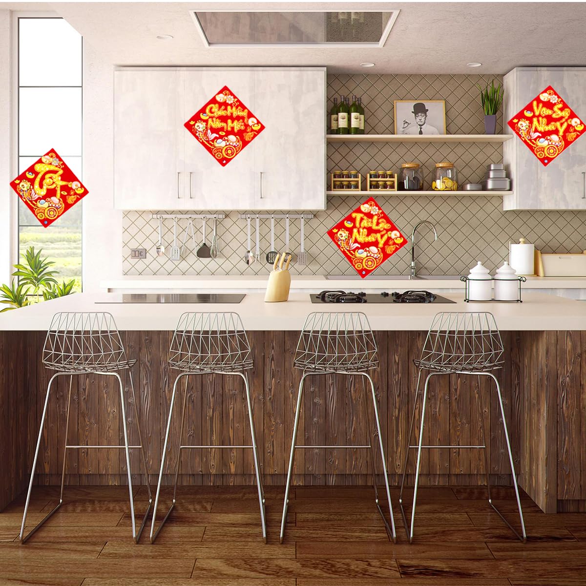 KYMY Vietnamese New Year Red Velvet Stickers - 8PCS 2026 T?t Vietnam Lunar New Year Self-Adhesive Fu Stickers, 4.7 x 4.7 Inch Asian Spring Festival