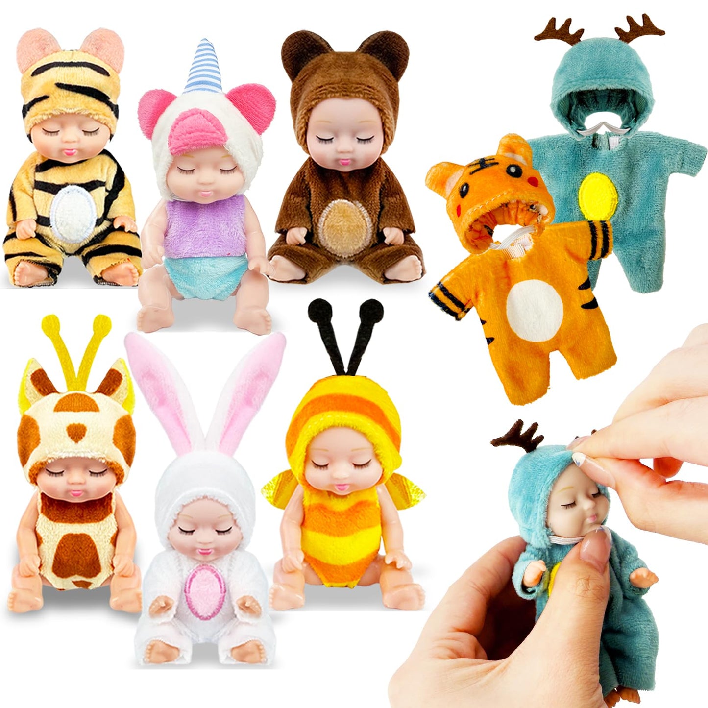 Haawooky 6 Pcs 4 Inch Mini Baby Dolls,Cute Small Baby Doll Toys with 8 Pcs Animal Clothes,Lifelike Realistic Reborn Tiny Baby Dolls for Kids Baby