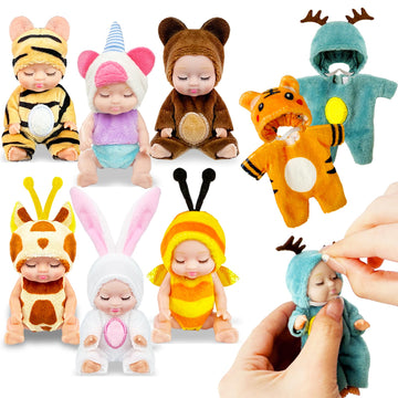 Haawooky 6 Pcs 4 Inch Mini Baby Dolls,Cute Small Baby Doll Toys with 8 Pcs Animal Clothes,Lifelike Realistic Reborn Tiny Baby Dolls for Kids Baby