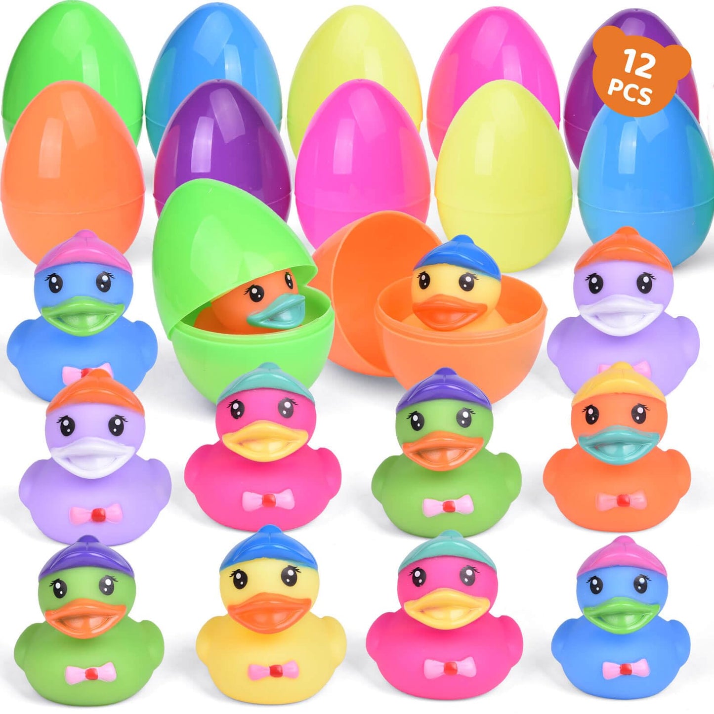 12 PCS Prefilled Easter Eggs with Rubber Duck Toys, Easter Basket Stuffers, Easter Egg Fillers, Bath Toy Squirters, Bathtub Toys for Kids
