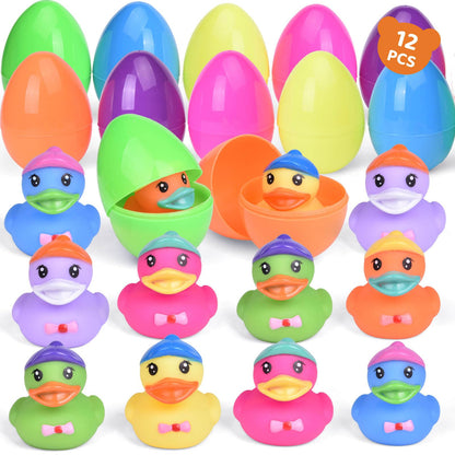 12 PCS Prefilled Easter Eggs with Rubber Duck Toys, Easter Basket Stuffers, Easter Egg Fillers, Bath Toy Squirters, Bathtub Toys for Kids
