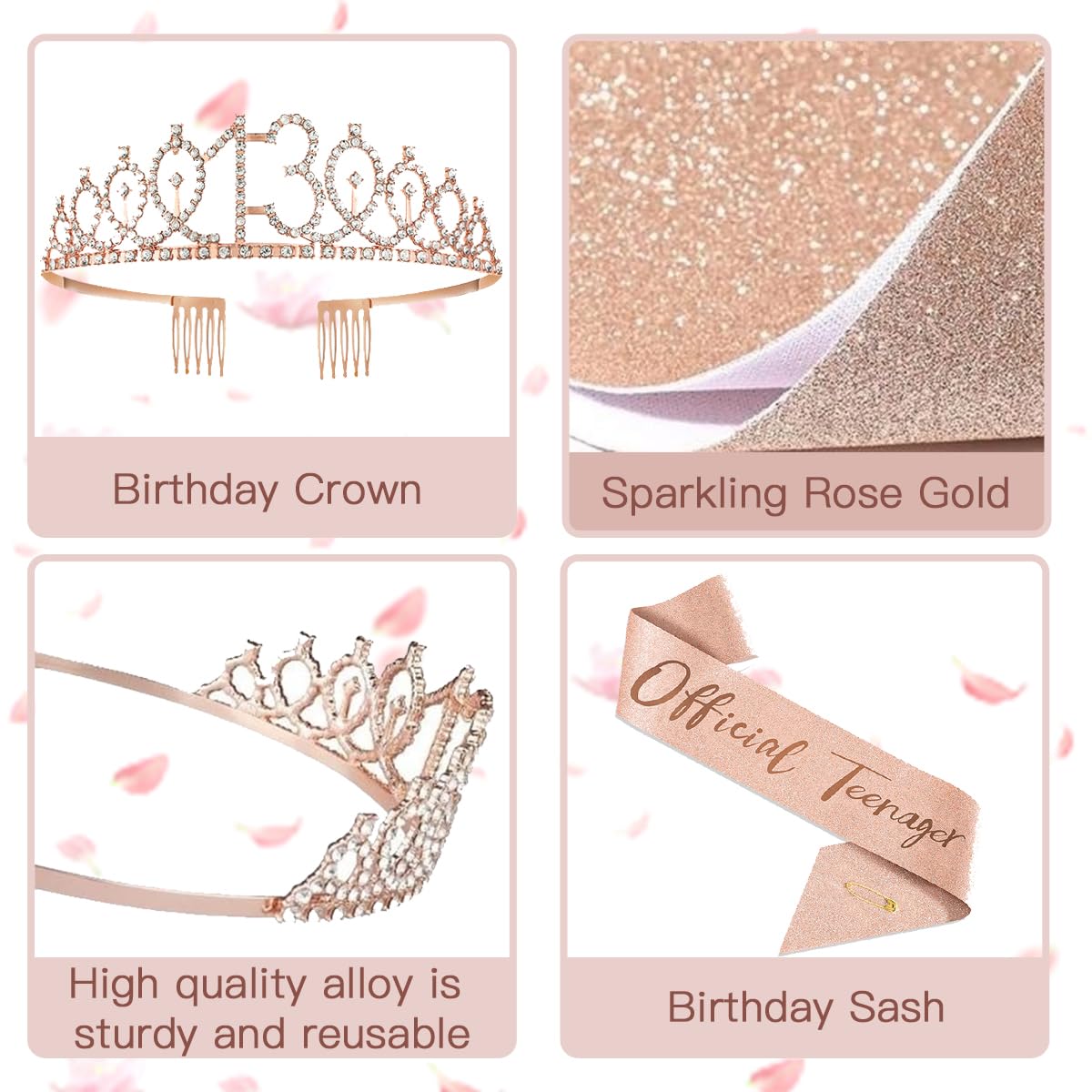 13th Birthday Decorations for Girls, Rose Gold 13th Birthday Banner, Balloon, Cake Topper, Sash and Crown, Happy 13th Birthday Party Decorations