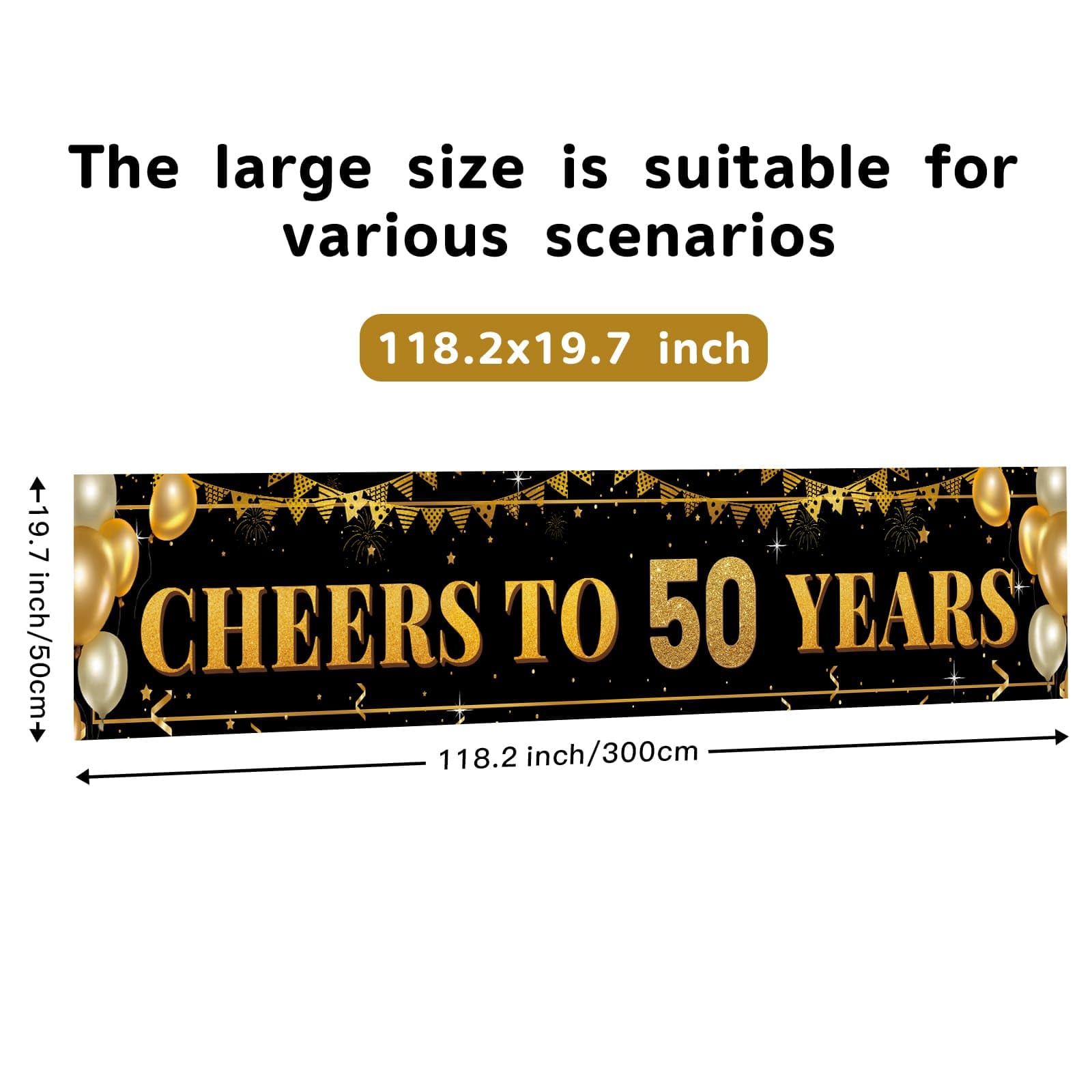 50th Birthday Decorations for Men & Women - 10ft "Cheers to 50 Years" Black & Gold 50th Birthday Banner - Large Elegant Backdrop for Indoor, Yard