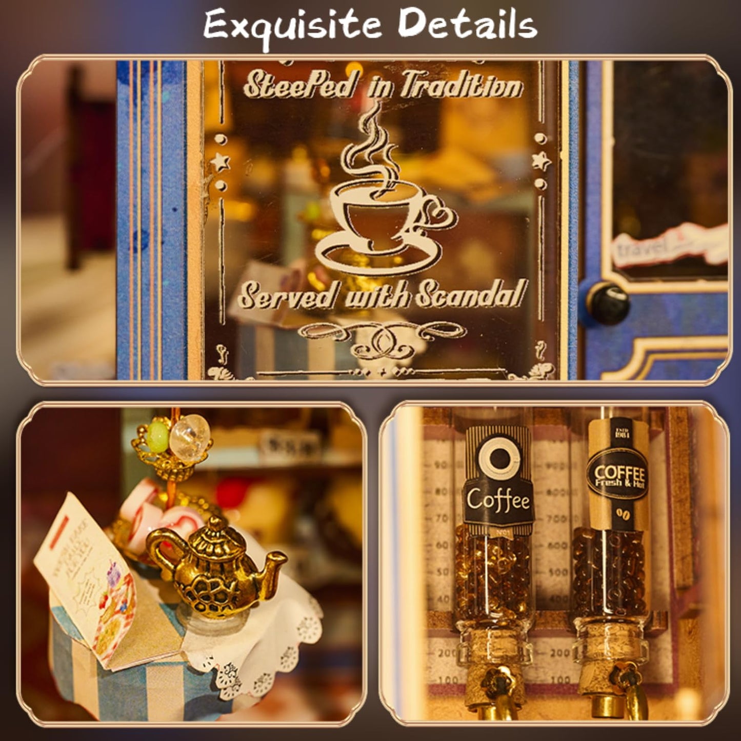 Book Nook Kit - DIY Miniature British Tea House, 3D Wooden Puzzle Dollhouse with LED Lights, Tiny Bookend & Creative Bookshelf Decor, Birthday
