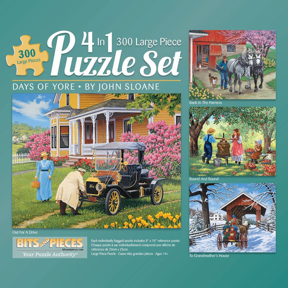 Bits and Pieces - 4-in-1 Multi-Pack 300 Piece Jigsaw Puzzles for Adults - Days of Yore by Artist John Sloane, Completed Puzzle Size: 16" x 20"