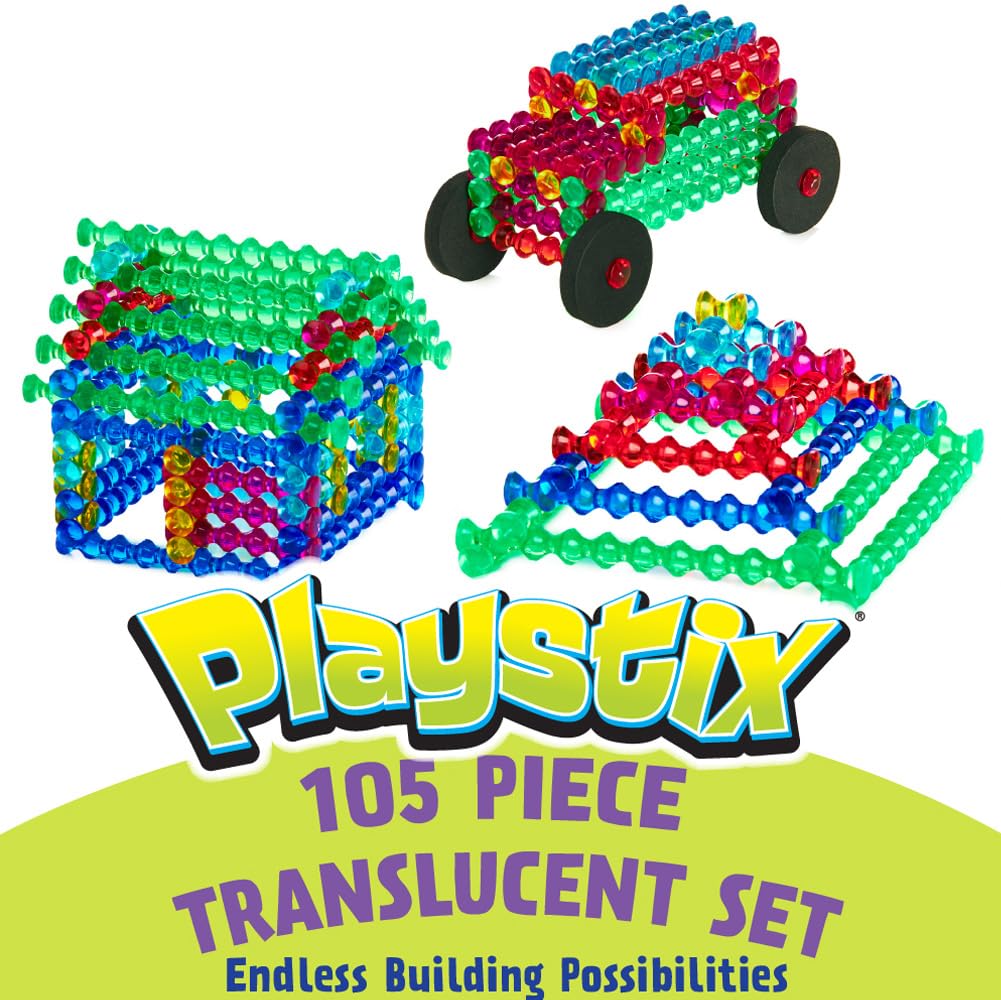 POPULAR PLAYTHINGS Playstix, Building Sticks Kit for Kids, Construction Stem Building Toy Gift for Boys & Girls - Translucent 105 Piece