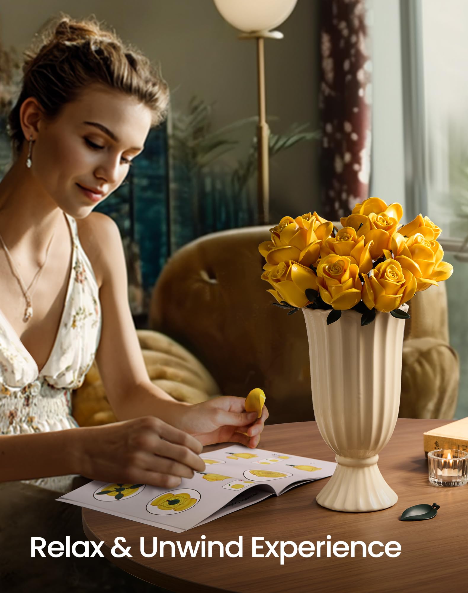 iATOM Yellow Rose Bouquet Building Set, 12Pcs Flowers Botanical Collection Kit for Adults, for Her/Girlfriend/Mom/Wife/Couple, Modern Home Office