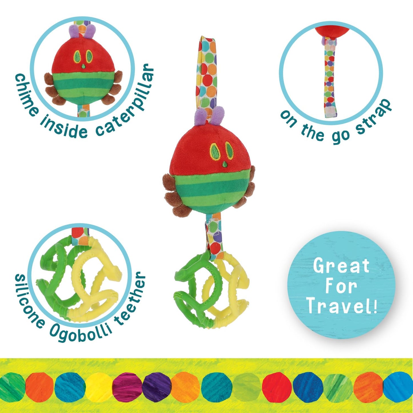 Eric Carle Very Hungry Caterpillar Chime Toy with Silicone Gummi Ogobolli - Makes Sound When Shaken and Great for Teething - Hanging Loop for On