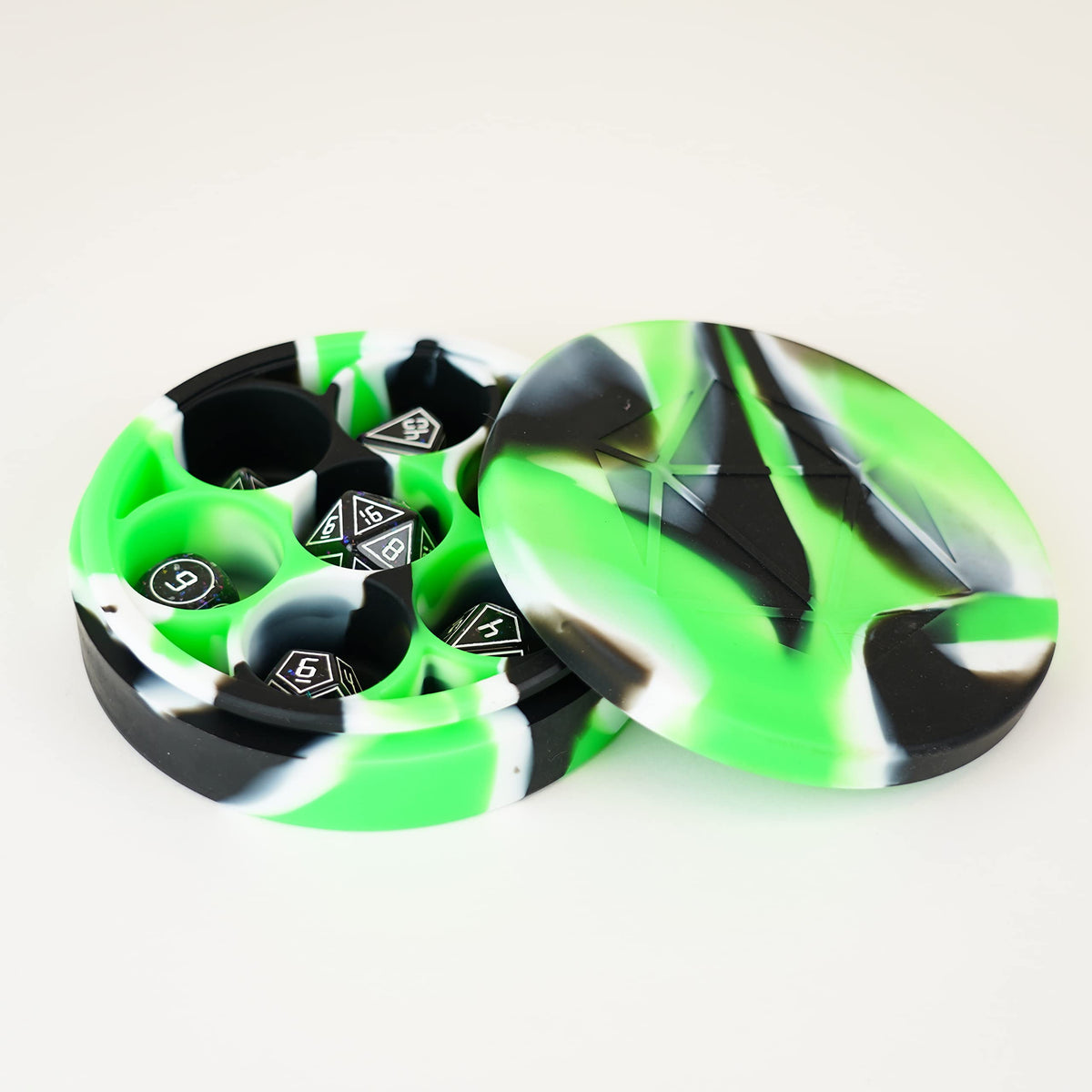 FanRoll Silicone Round Dice Case: Green/Black/White, Role Playing Game Dice Accessories for Dungeons and Dragons