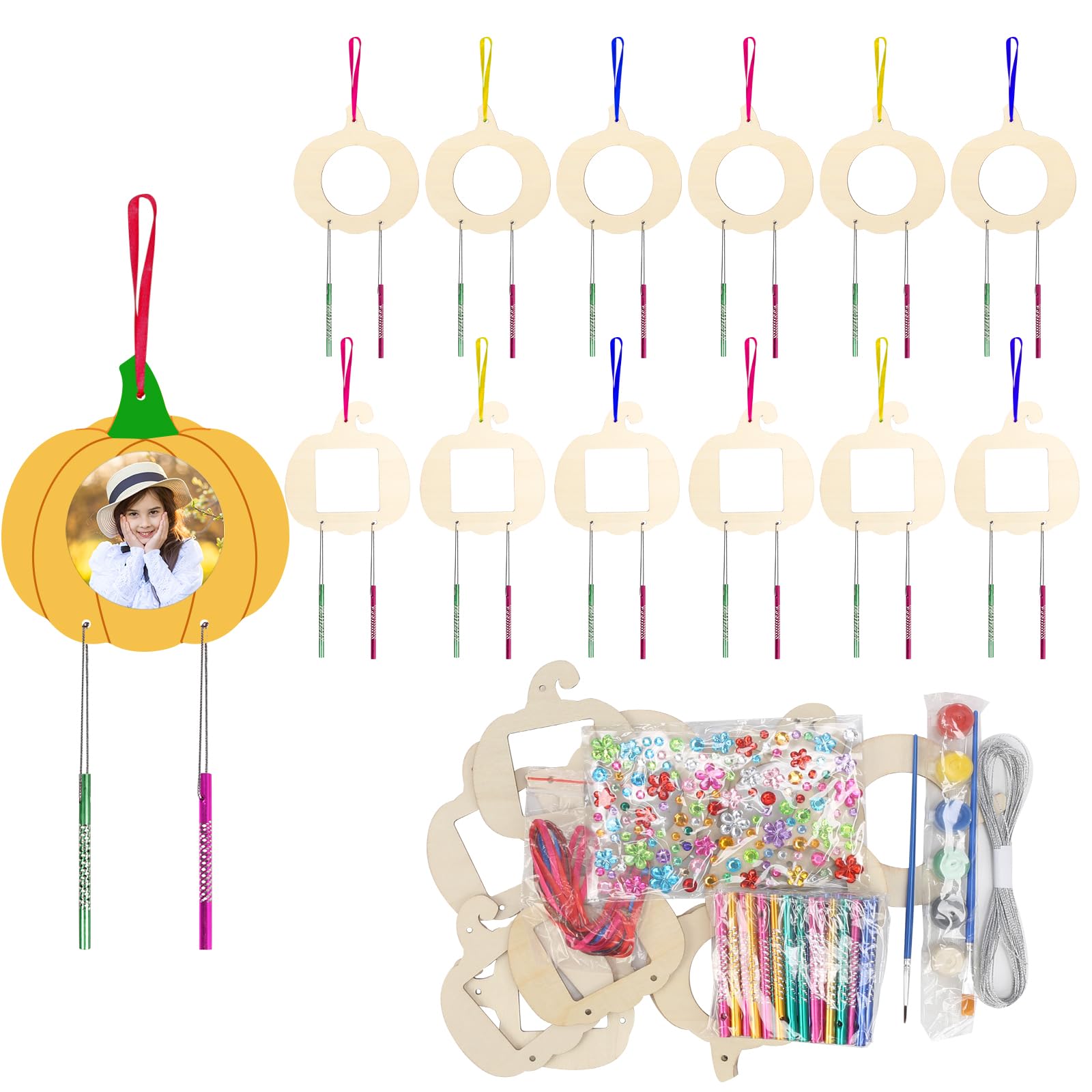 Fennoral 12 Pack Pumpkin Wind Chime Kit for Kids Make You Own Pumpkin Photo Frame Wind Chimes DIY Paint Fall Craft Wooden Ornaments for Art Project