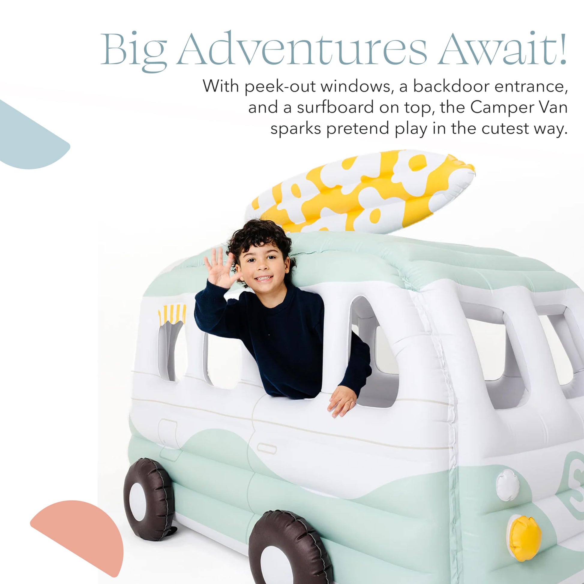 PLAYSMOL Inflatable Camper Van Kids Play Tent with Surfboard, Indoor Pop-Up Playhouse for Toddlers & Kids, Pretend Play Toy, Easy Inflate PVC