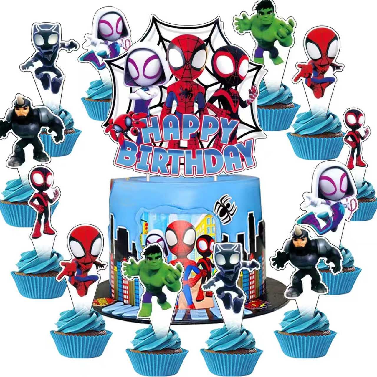 25Pcs Spider Cake Decorations with 24pcs Cupcake Toppers, 1pcs Happy Birthday Cake Topper, Cartoon Themed Party Supplies, Perfect for Birthday Party