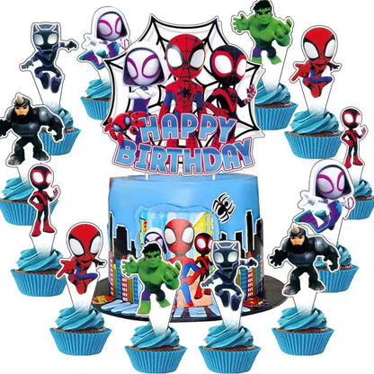 25Pcs Spider Cake Decorations with 24pcs Cupcake Toppers, 1pcs Happy Birthday Cake Topper, Cartoon Themed Party Supplies, Perfect for Birthday Party