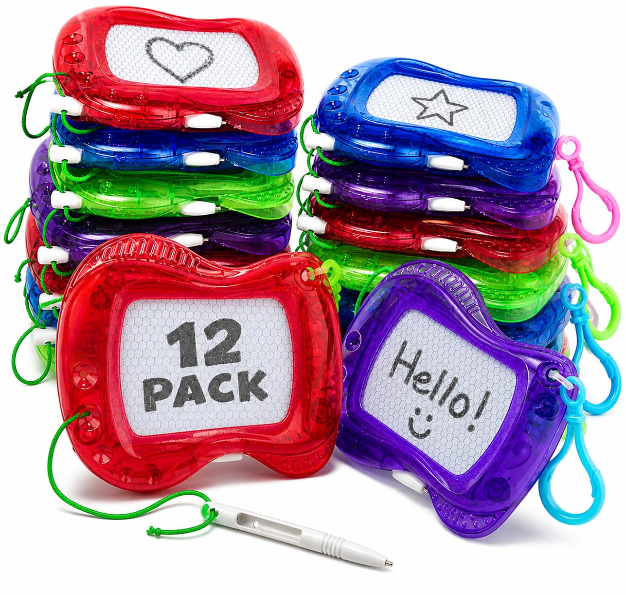4E's Novelty Mini Magnetic Drawing Board for Kids - Pack of 12 - Backpack Keychain Clip Erasable Doodle Sketch Writing Pad, Birthday Party Favors